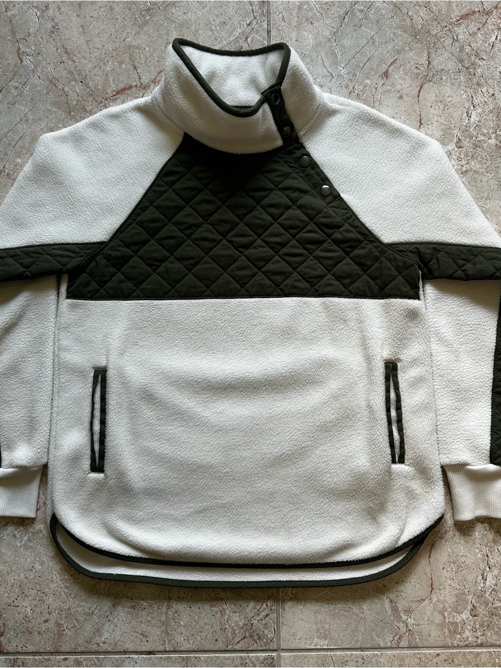 Abercrombie & Fitch Ivory Fleece Pullover with Olive Quilted Yoke